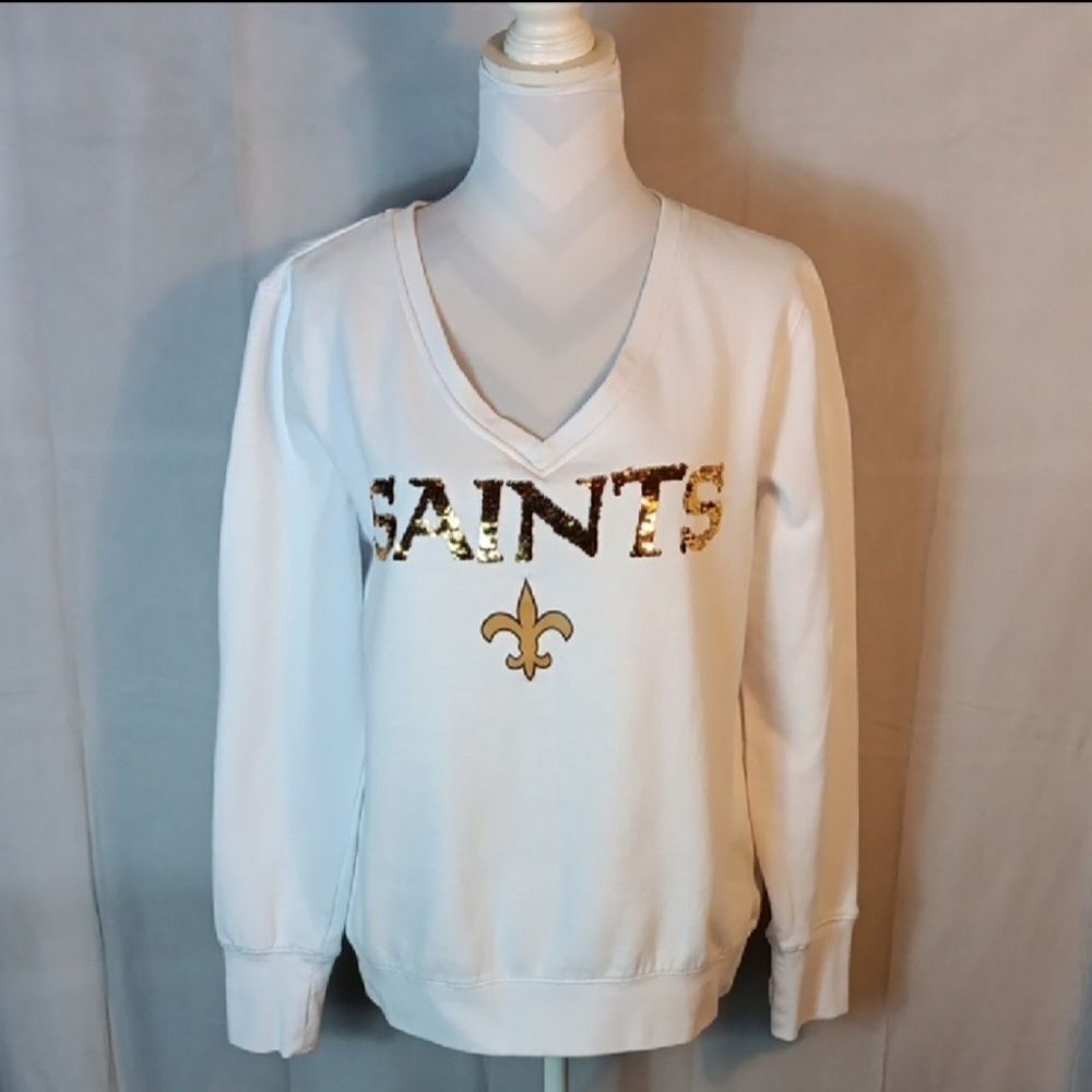 NFL White Saints V-Neck Sweatshirt with Gold Flip Sequin Accents